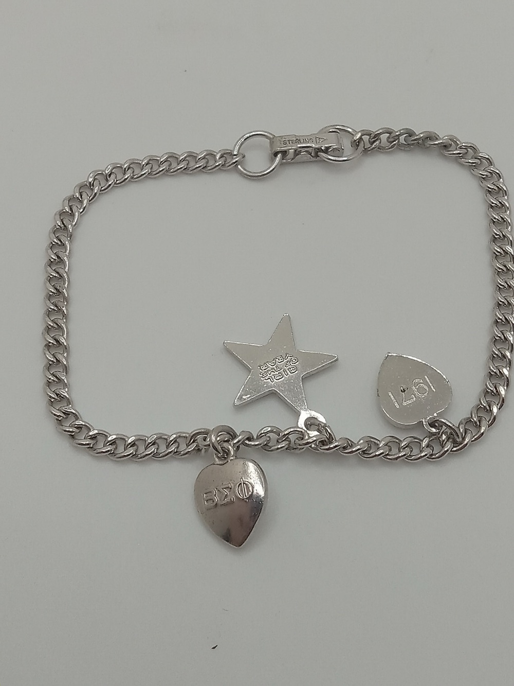 Vintage Beta Sigma Phi Sterling Silver Charm Bracelet 1971 Girl of Year 9g